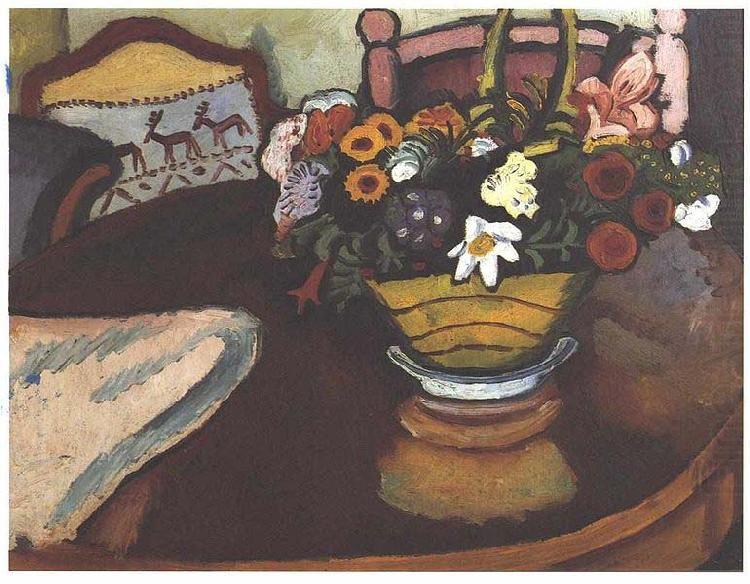 Stil live with pillow with deer-decor and a bouquet, August Macke